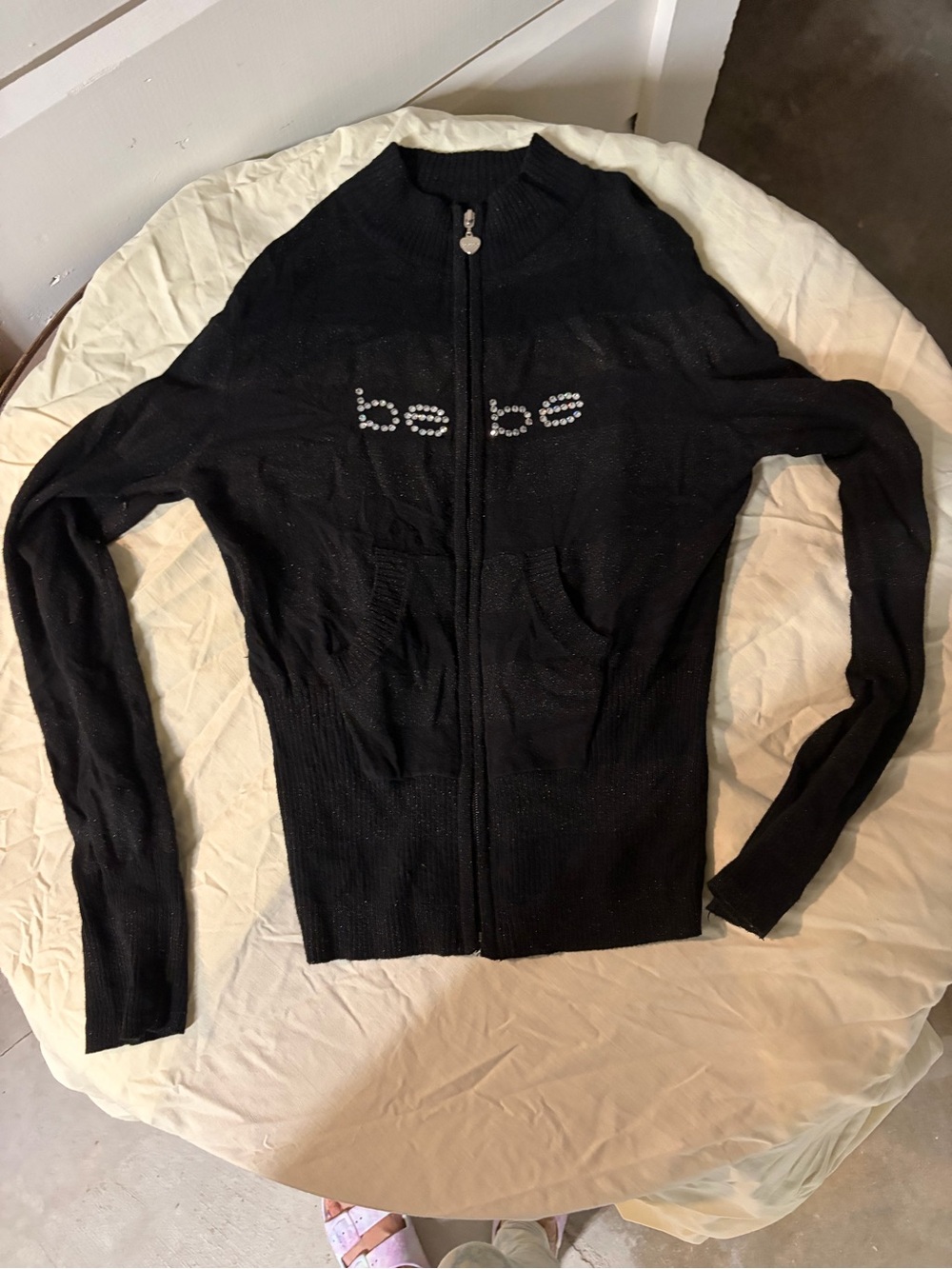 bebe Black Zip-Up Sweater with Rhinestone Logo